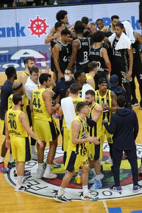 Players of Fenerbahce Beko Istanbul and Players of LDLC Asvel Villeurbanne during the Euroleague Basketball match between Fenerbahce Beko Istanbul and LDLC Asvel Villeurbanne at Ulker Dome n Istanbul , Turkey on December 30 , 2020. 