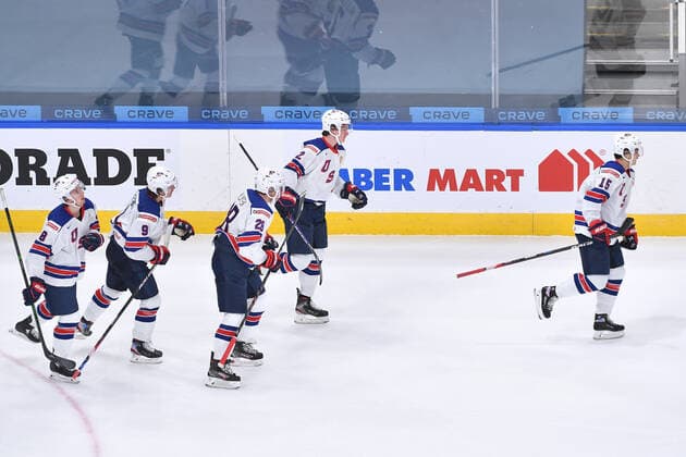 210106 Alex Turcotte, Jake Sanderson, Arthur Kaliyev, Drew Helleson and Trevor Zegras of USA celebrate the 1-0 goal during the 2021 IIHF World Junior Championship final between USA and Canada on January 6, 2021 in Edmonton. Photo: Andy Devlin BILDBYRAN COP 306 AD0012 bbeng ishockey Ice hockey, Eishockey jvm junior-vm u20 2021 iihf world junior championship world juniors final usa canada kanada Copyright: ANDYxDEVLIN BB210106BB056