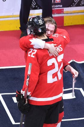 210106 Bowen Byram of Canada hugs teammate Dylan Cozens after the 2021 IIHF World Junior Championship final between USA and Canada on January 6, 2021 in Edmonton. Photo: Andy Devlin BILDBYRAN COP 306 AD0012 bbeng ishockey Ice hockey, Eishockey jvm junior-vm u20 2021 iihf world junior championship world juniors final usa canada kanada Copyright: ANDYxDEVLIN BB210106BB150