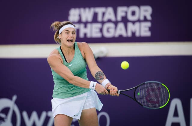 January 7, 2021, Abu Dhabi, UNITED ARAB EMIRATES: Aryna Sabalenka of Belarus in action during the first round at the 2021 Abu Dhabi WTA, Tennis Damen Womens Tennis Open WTA 500 tournament against Polona Hercog of Slovenia Abu Dhabi UNITED ARAB EMIRATES - ZUMAa181 20210107_zaa_a181_053 Copyright: xRobxPrangex