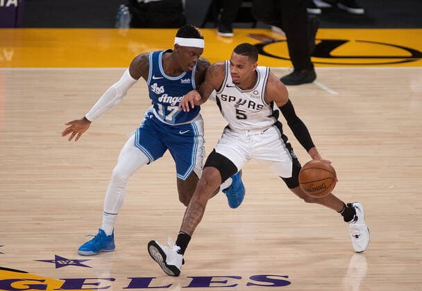 January 7, 2021, Los Angeles, California, USA: Dennis Schroder 17 of the Los Angeles Lakers defends against Dejounte Murray 5 of the San Antonio Spurs during their regular season NBA, Basketball Herren, USA game on Thursday January 7, 2021 at the Staples Center in Los Angeles, California. Lakers lose to Spurs 118-109. JAVIER ROJAS PI Los Angeles USA - ZUMAp124 20210107_zaa_p124_011 Copyright: xJavierxRojasx