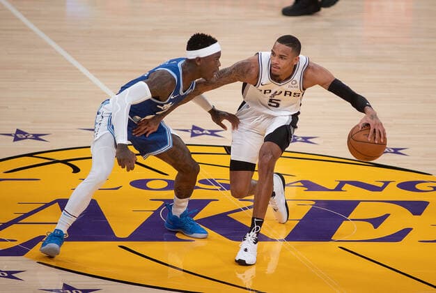 January 7, 2021, Los Angeles, California, USA: Dennis Schroder 17 of the Los Angeles Lakers defends against Dejounte Murray 5 of the San Antonio Spurs during their regular season NBA, Basketball Herren, USA game on Thursday January 7, 2021 at the Staples Center in Los Angeles, California. Lakers lose to Spurs 118-109. JAVIER ROJAS PI Los Angeles USA - ZUMAp124 20210107_zaa_p124_012 Copyright: xJavierxRojasx