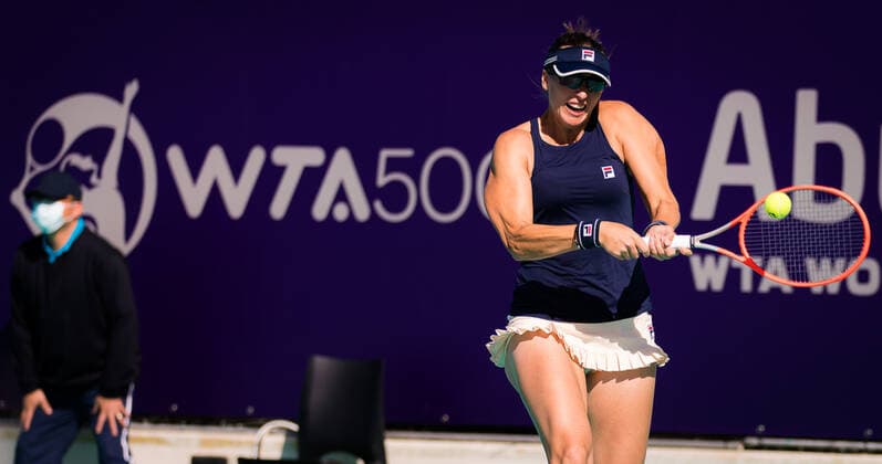 January 8, 2021, Abu Dhabi, UNITED ARAB EMIRATES: Yaroslava Shvedova of Kazakhstan playing doubles at the 2021 Abu Dhabi WTA, Tennis Damen Womens Tennis Open WTA 500 tournament. Abu Dhabi UNITED ARAB EMIRATES - ZUMAa181 20210108_zaa_a181_030 Copyright: xRobxPrangex