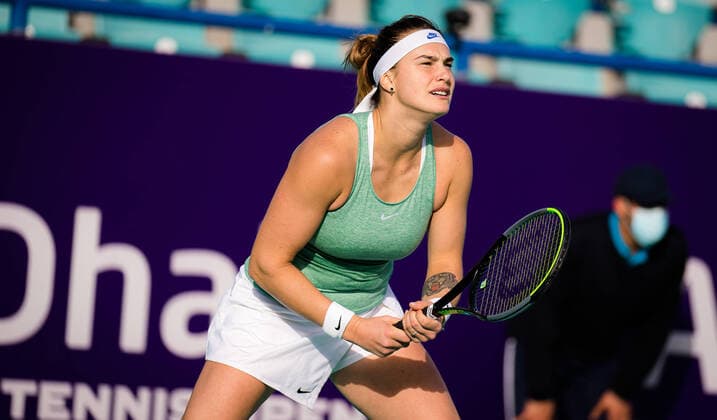 January 8, 2021, Abu Dhabi, UNITED ARAB EMIRATES: Aryna Sabalenka of Belarus in action during the second round at the 2021 Abu Dhabi WTA, Tennis Damen Womens Tennis Open WTA 500 tournament against Ajla Tomljanovic of Australia Abu Dhabi UNITED ARAB EMIRATES - ZUMAa181 20210108_zaa_a181_130 Copyright: xRobxPrangex