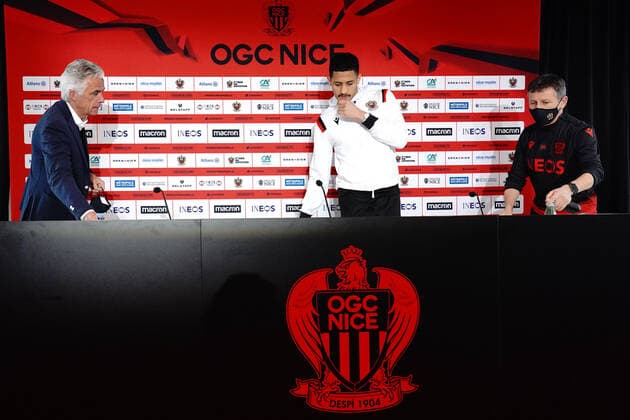 Jean Pierre Rivere (president de l OGC Nice) - William Saliba (OGC Nice) - Adrian Ursea (entraineur de l OGC Nice) FOOTBALL : OGC Nice - Presentation de William Saliba - Nice - 08 01 2020 NorbertScanella PanoramiC 