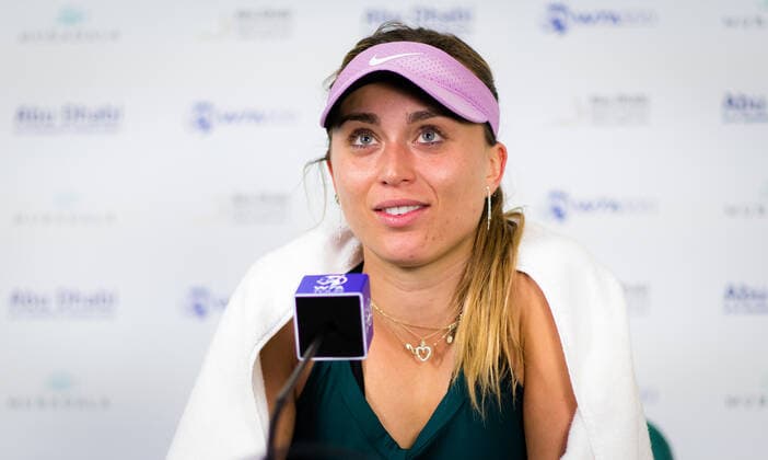 January 8, 2021, Abu Dhabi, UNITED ARAB EMIRATES: Paula Badosa of Spain talks to the media after her second round match at the 2021 Abu Dhabi WTA, Tennis Damen Womens Tennis Open WTA 500 tournament. Abu Dhabi UNITED ARAB EMIRATES - ZUMAa181 20210108_zaa_a181_211 Copyright: xRobxPrangex