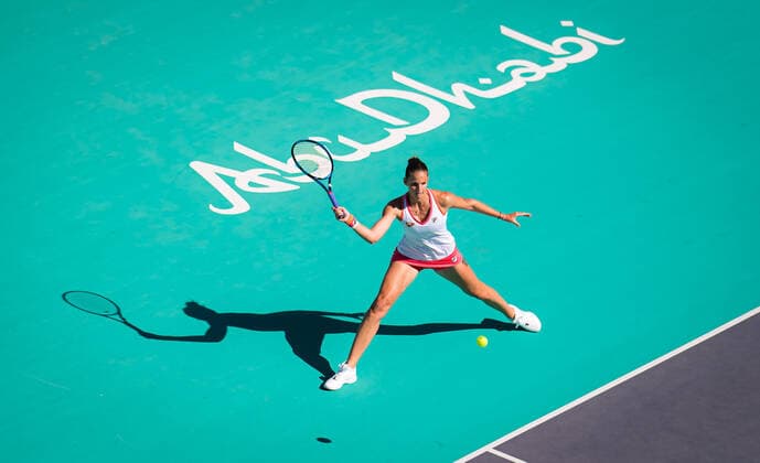 January 9, 2021, Abu Dhabi, UNITED ARAB EMIRATES: Karolina Pliskova of the Czech Republic in action during her second round match at the 2021 Abu Dhabi WTA, Tennis Damen Womens Tennis Open WTA 500 tournament against Anastasia Gasanova of Russia Abu Dhabi UNITED ARAB EMIRATES - ZUMAa181 20210109_zaa_a181_113 Copyright: xRobxPrangex