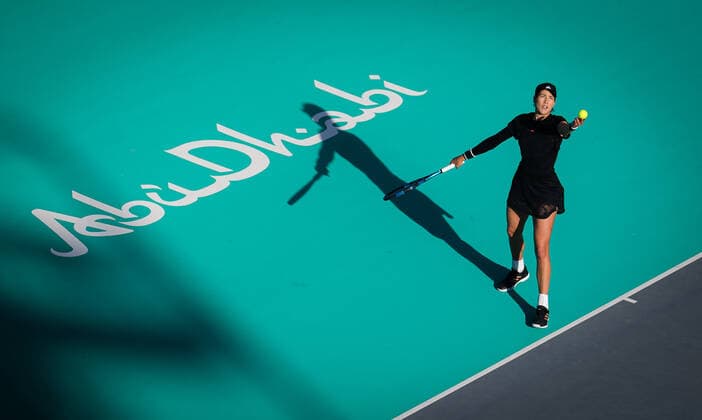 January 9, 2021, Abu Dhabi, UNITED ARAB EMIRATES: Garbine Muguruza of Spain in action during her second round match at the 2021 Abu Dhabi WTA, Tennis Damen Womens Tennis Open WTA 500 tournament against Aliaksandra Sasnovich of Belarus Abu Dhabi UNITED ARAB EMIRATES - ZUMAa181 20210109_zaa_a181_150 Copyright: xRobxPrangex