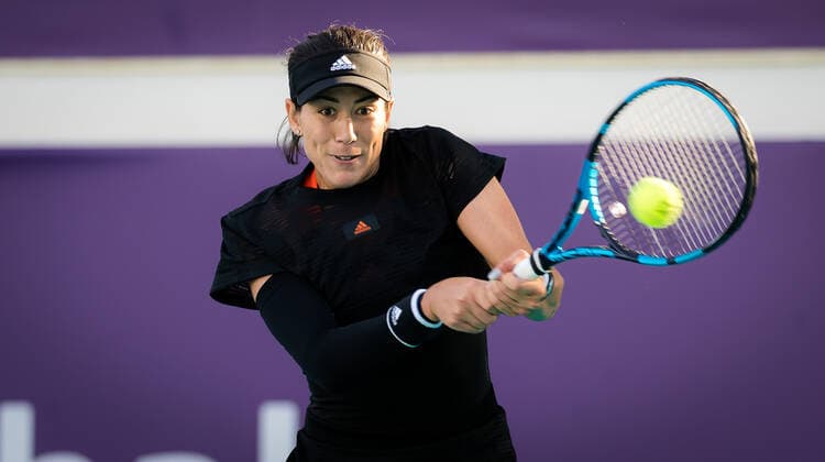 January 9, 2021, Abu Dhabi, UNITED ARAB EMIRATES: Garbine Muguruza of Spain in action during her second round match at the 2021 Abu Dhabi WTA, Tennis Damen Womens Tennis Open WTA 500 tournament against Aliaksandra Sasnovich of Belarus Abu Dhabi UNITED ARAB EMIRATES - ZUMAa181 20210109_zaa_a181_171 Copyright: xRobxPrangex