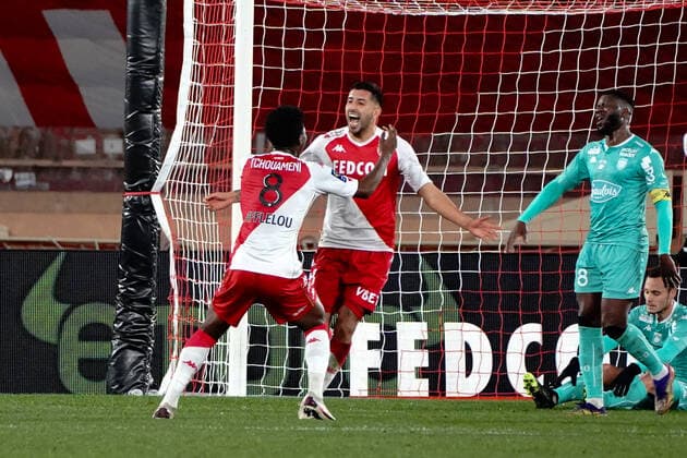 joie - Guillermo Maripan (AS monaco) - Aurelien Tchouameni (AS Monaco) FOOTBALL : AS Monaco vs Angers - Monaco - 09 01 2021 NorbertScanella PanoramiC 