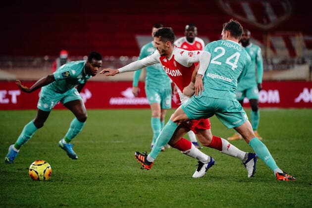 Stevan Jovetic (AS Monaco) - Romain Thomas (SCO Angers) FOOTBALL : AS Monaco vs Angers - Monaco - 09 01 2021 NorbertScanella PanoramiC 