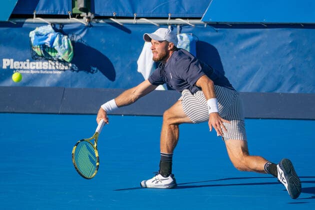 DELRAY BEACH, FL - JANUARY 9: Christian Harrison (USA) competes during the second round of singles at the ATP, Tennis Herren Delray Beach Open on January 9, 2021 at the Delray Beach Stadium & Tennis Center in Delray Beach, Florida.(Photo by Aaron Gilbert Icon Sportswire) TENNIS: JAN 09 Delray Beach Open Icon210109098