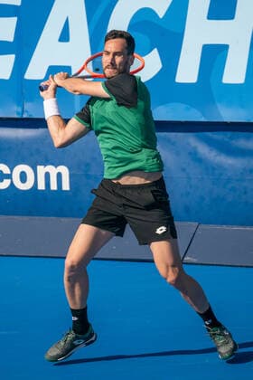 DELRAY BEACH, FL - JANUARY 9: Gianluca Mager (ITA) competes during the second round of singles at the ATP, Tennis Herren Delray Beach Open on January 9, 2021 at the Delray Beach Stadium & Tennis Center in Delray Beach, Florida.(Photo by Aaron Gilbert Icon Sportswire) TENNIS: JAN 09 Delray Beach Open Icon210109026