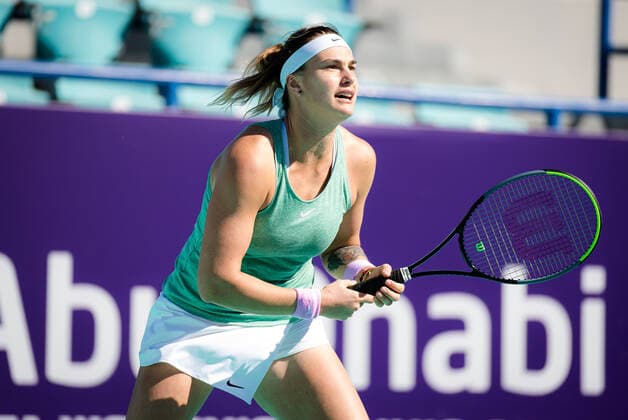 January 10, 2021, Abu Dhabi, UNITED ARAB EMIRATES: Aryna Sabalenka of Belarus in action during her third round match at the 2021 Abu Dhabi WTA, Tennis Damen Womens Tennis Open WTA 500 tournament against Ons Jabeur of Tunisia Abu Dhabi UNITED ARAB EMIRATES - ZUMAa181 20210110_zaa_a181_036 Copyright: xRobxPrangex