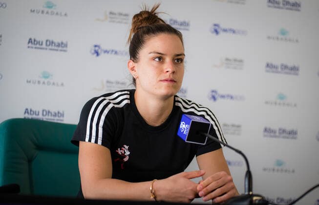 January 10, 2021, Abu Dhabi, UNITED ARAB EMIRATES: Maria Sakkari of Greece talks to the media after her third round match at the 2021 Abu Dhabi WTA, Tennis Damen Womens Tennis Open WTA 500 tournament. Abu Dhabi UNITED ARAB EMIRATES - ZUMAa181 20210110_zaa_a181_107 Copyright: xRobxPrangex