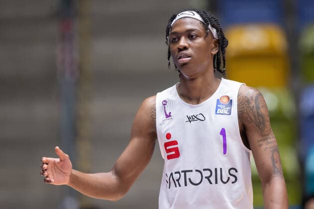 Fraport Skyliners - BG Goettingen, easyCredit BBL Deishuan Booker (BG Goettingen, 1). Basketball-Spiel der easyCredit BBL zwischen den Fraport Skyliners und BG Goettingen am 10. Januar 2021 in der Fraport-Arena in Frankfurt am Main., Frankfurt am Main Hessen Deutschland Fraport-Arena