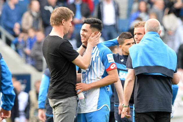 Sinsheim, Deutschland 30. April 2016: 1.BL - 15 16 - TSG 1899 Hoffenheim vs. FC Ingolstadt Schlussjubel Schlußjubel Emotion Freude v.li. Cheftrainer Julian Nagelsmann (Hoffenheim) mit Nadiem Amiri (Hoffenheim) dem Torschuetzen zum 2:1 Siegtreffer Wirsol Rhein Neckar Arena Baden Wuerttemberg Copyright: xFotostandx xLoerzx