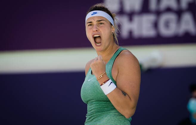 January 11, 2021, Abu Dhabi, UNITED ARAB EMIRATES: Aryna Sabalenka of Belarus in action during her quarter final match at the 2021 Abu Dhabi WTA, Tennis Damen Womens Tennis Open WTA 500 tournament against Elena Rybakina of Kazakhstan Abu Dhabi UNITED ARAB EMIRATES - ZUMAa181 20210111_zaa_a181_119 Copyright: xRobxPrangex