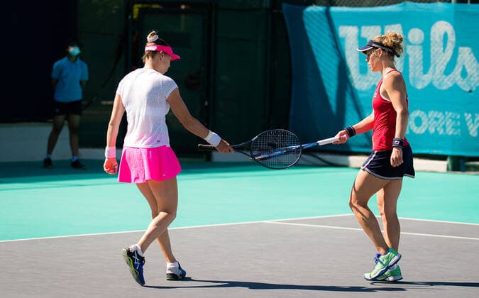 January 11, 2021, Abu Dhabi, UNITED ARAB EMIRATES: Laura Siegemund of Germany & Vera Zvonareva of Russia play doubles at the 2021 Abu Dhabi WTA, Tennis Damen Womens Tennis Open WTA 500 tournament. Abu Dhabi UNITED ARAB EMIRATES - ZUMAa181 20210111_zaa_a181_123 Copyright: xRobxPrangex