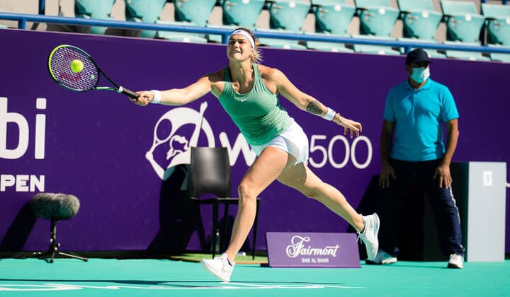 January 11, 2021, Abu Dhabi, UNITED ARAB EMIRATES: Aryna Sabalenka of Belarus in action during her quarter final match at the 2021 Abu Dhabi WTA, Tennis Damen Womens Tennis Open WTA 500 tournament against Elena Rybakina of Kazakhstan Abu Dhabi UNITED ARAB EMIRATES - ZUMAa181 20210111_zaa_a181_124 Copyright: xRobxPrangex