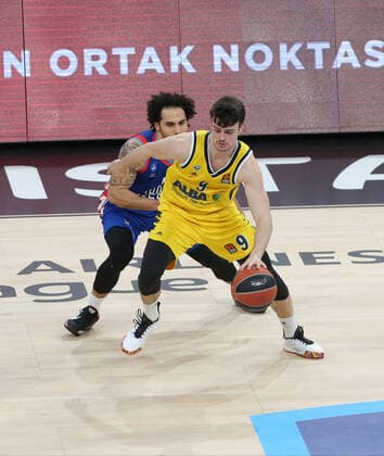 Shane Larkin (0) of Anadolu Efes and Jonas Mattisseck (9) of Alba Berlin during the Turksih Airlines Euroleague Basketball match between Anadolu Efes and Alba Berlin at Sinan Erdem Arena in Istanbul , Turkey on January 12 , 2021. 