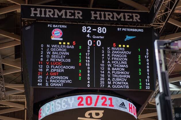 Anzeigetafel 82-80 fuer FC Bayern Bassketball, FC Bayern Basketball vs. Zenit St. Petersburg, Basketball, Euroleague, 13.01.2021 Muenchen Bayern Deutschland
