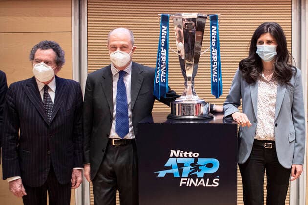 Sport Bilder des Tages Photo LaPresse Andrea Alfano January 14, 2021 Turin (Italy) ATP, Tennis Herren Finals Conference Presentation In the pic: ATP Finals presentation press conference, PK, Pressekonferenz Gian Maria Gros-Pietro, Angelo Binaghi, Chiara Appendino.  Copyright: xAndreaxAlfano LaPressex