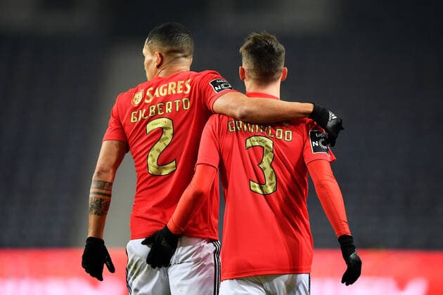 15th January 2021; Dragao Stadium, Porto, Portugal; Portuguese Championship 2020 2021, FC Porto versus Benfica; Alejandro Grimaldo of Benfica celebrates his goal with Gilberto in the 17th minute 0-1  ActionPlus12260728 DanielxCastro