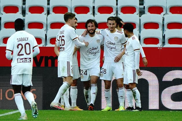 Joie - Paul Baysse (Bordeaux FC) - Nicolas De Preville (Bordeaux FC) - Yacine Adli (Bordeaux FC) - Laurent Koscielny (Bordeaux FC) FOOTBALL : OGC Nice vs Bordeaux - Ligue 1 Uber Eats - Nice - 16 01 2021 NorbertScanella PanoramiC 