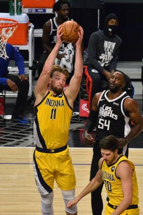Indiana Pacers power forward Domantas Sabonis secures the defensive rebound against the Los Angeles Clippers during the fourth quarter at Staples Center in Los Angeles on Sunday, January 17, 2021. The Clippers defeated the short-handed Pacers 129-96.  LAP2021011718 JIMxRUYMEN