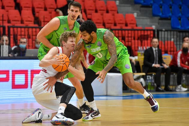 (L-R) Hayden Dalton of Nymburk, Tomislav Zubcic and DeVaughn Akoon-Purcell of Bursa in action during the men s Basketball League 6th round, B group match Nymburk vs Bursa in Nymburk, Czech Republic, January 19, 2021. (CTKxPhoto VitxSimanek) CTKPhotoP202101191019801  VIS 006