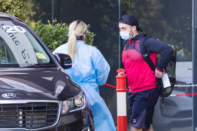 January 20, 2021: Players for the 2021 Australian Open are seen leaving the Pullman Hotel for a supervised practise session. About 1200 tennis players and officials arrived in Melbourne via 15 chartered airplanes and have to undergo a 14 day quarantine period before being allowed to compete. The Pullman Hotel is one of three hotels being used for the quarantine of the players. Cal Media Melbourne Australia - ZUMAc04_ 20210120_zaf_c04_004 Copyright: xSydneyxLowx