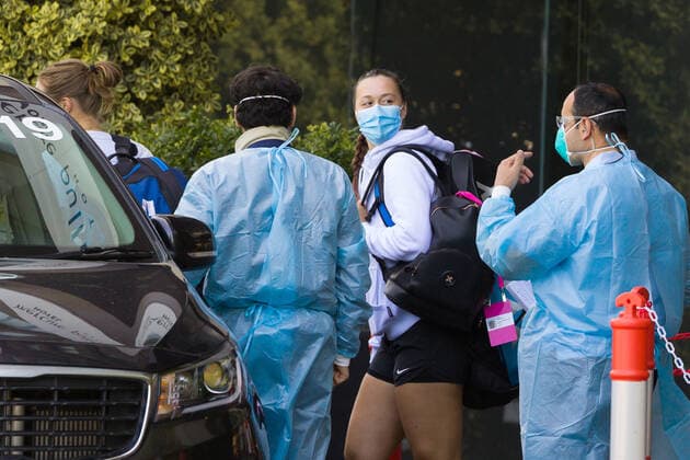 January 20, 2021: Ivana Popovic of Australia is leaving the Pullman Hotel for a practise session ahead of the 2021 Australian Open. About 1200 tennis players and officials arrived in Melbourne via 15 chartered airplanes and have to undergo a 14 day quarantine period before being allowed to compete. The Pullman Hotel is one of three hotels being used for the quarantine of the players. Cal Media Melbourne Australia - ZUMAc04_ 20210120_zaf_c04_006 Copyright: xSydneyxLowx