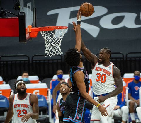 January 22, 2021, Sacramento, CA, USA: Sacramento Kings forward Marvin Bagley III (35) blocks New York Knicks forward Julius Randle (30) in the second quarter during a game at Golden 1 Center on Friday, Jan. 22, 2021 in Sacramento. Sacramento USA - ZUMAj89_ 20210122_zaf_j89_015 Copyright: xPaulxKitagakixJr.x