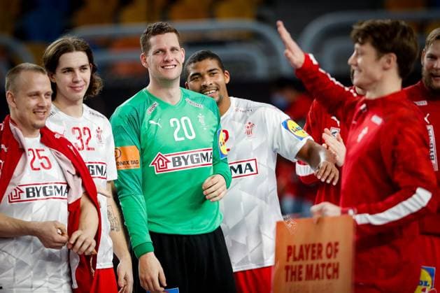 Morten TOFT OLSEN (25), Jacob T. HOLM (32), Kevin MoLLER (20), Mads MENSAH LARSEN (22), Lasse B. ANDERSSON (28) during the IHF World Championship, WM, Weltmeisterschaft 2021 Egypt, Main Round, Japan vs Denmark, Cairo Stadium Hall 1, Cairo, Egypt, 23.01.2021, Copyright: xJozoxCabrajax xkolektiffx