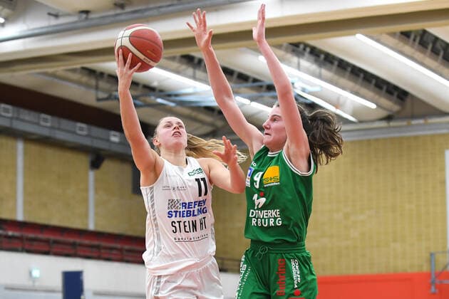 Basketball Damen 1. Bundesliga 11. Spieltag Herner TC - BC Pharmaserv Marburg am 27.01.2021 in der H2K Arena in Herne Laura Westerik ( Herne ), links - Lisa Kiefer ( Marburg ), rechts