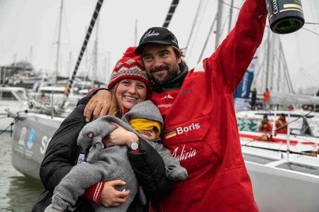 Boris Herrmann (ger),4th, sailing on the Imoca SeaExplorer - Yacht Club de Monaco with his wife Birte and his kid during the arrival of the 2020-2021 VendŽe Globe after 80 days, 14 hours, 59 minutes and 45 seconde, 9th edition of the solo non-stop round the world yacht race, on January 27th 2021 in Les Sables-d Olonne, France - VOILE : Vendee Globe 9eme Edition - Arrivee de Boris Herrmann - Sables d Olonne - 28 01 2021 DPPI Panoramic 