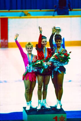 1988 Olympic Winter games, Winterspiele,Spiele, Summer games Figure skating, Eiskunstlauf Katarina Witt (GDR) Gold medalist and Olympic Champion (C),Elizabeth Manley (CAN) silver -L- and Debi Thomas (USA) bronze in Ladies Figure Sjkating at the 1988 Olympic Winter Games Calgary Olympic Saddledome Alberta Canada Copyright: xPaulxJxSutton DUOMO PCNx OL8801_FS023