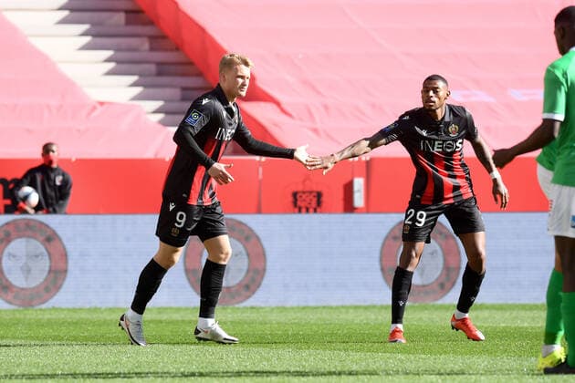 FAIR PLAY - 09 KASPER DOLBERG (NICE) - 29 JEFF REINE ADELAIDE (NICE) FOOTBALL : Nice vs Saint Etienne - Ligue 1 Uber Eats - 31 01 2021 FEP Panoramic 