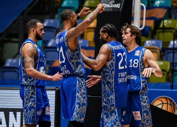 31.01.2021, xpsx, Basketball easyCredit BBL, Fraport Skyliners - Telekom Baskets Bonn v.l. Jubel bei Frankfurt emspor Frankfurt am Main