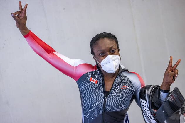 AUT, BMW IBSF Weltcup Bob, Igls 31.01.2021, Olympia Eiskanal, Innsbruck, AUT, BMW IBSF Weltcup Bob, Igls, Damen Zweierbob, 2. Lauf, im Bild Cynthia Appiah (CAN) Cynthia Appiah of Canada reacts after the 2nd run of women doubles Bobsleigh competition of BMW IBSF World Cup at the Olympia Eiskanal in Innsbruck, Austria on 2021 01 31. Innsbruck Tirol Österreich