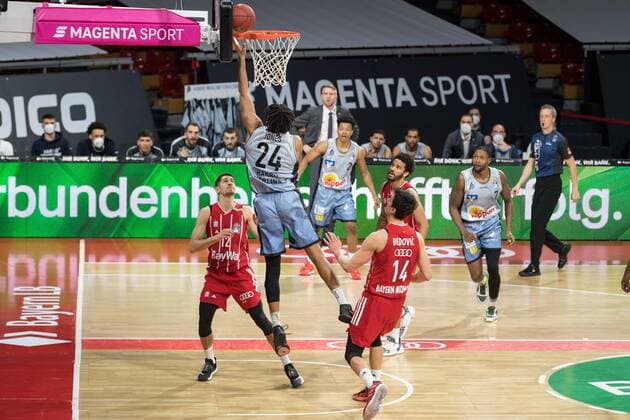 Basketball, BBL, 20210131, FC Bayern München - Merlins Crailsheim Im Bild Jeremy JONES (Merlins Crailsheim, 24) Korb. München Audi Dome Bayern Deutschland Copyright: Passion2Press MarkusxFischerx