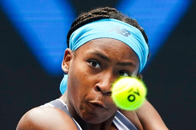 Sport Bilder des Tages TENNIS AUSTRALIAN OPEN PRACTICE, Cori Gauff of the United States of America in action during the Round 1 Gippsland Trophy match against Jil Teichmann of Switzerland at Melbourne Park in Melbourne, Monday, February 1, 2021. ( NO ARCHIVING, EDITORIAL USE ONLY, NO USE IN BOOKS WITHOUT CONSENT MELBOURNE VIC AUSTRALIA  Copyright: xDAVExHUNTx 20210201001517498071