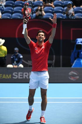 TENNIS ATP, Tennis Herren CUP, Novak Djokovic of Serbia reacts after winning his Round 1 ATP Cup match against Denis Shapovalov of Canada at Melbourne Park in Melbourne, Tuesday, February 2, 2021. ( NO ARCHIVING, EDITORIAL USE ONLY, NO USE IN BOOKS WITHOUT CONSENT MELBOURNE VIC AUSTRALIA  Copyright: xDAVExHUNTx 20210202001517704987