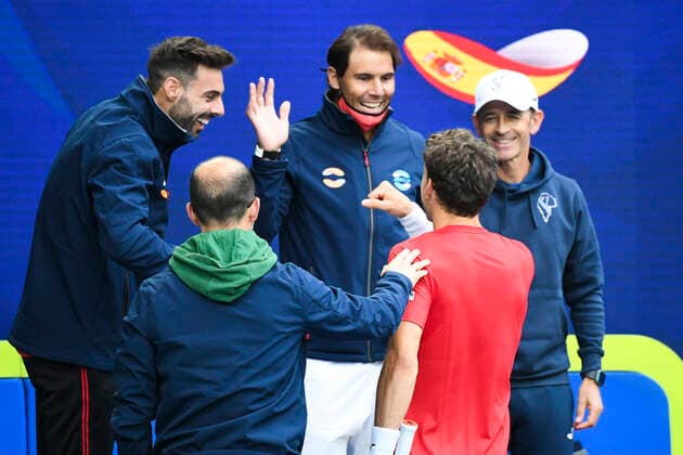 TENNIS ATP, Tennis Herren CUP, Pablo Carreno Busta of Spain celebrates with team mates, including Rafael Nadal of Spain after winning the Round 1 of the ATP Cup against John Millman of Australia at Melbourne Park in Melbourne, Tuesday, February 2, 2021. ( NO ARCHIVING, EDITORIAL USE ONLY, NO USE IN BOOKS WITHOUT CONSENT MELBOURNE VIC AUSTRALIA  Copyright: xDAVExHUNTx 20210202001517738573