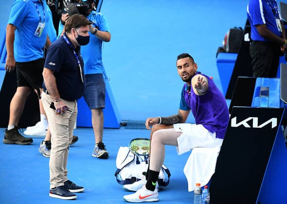 Sport Bilder des Tages TENNIS MURRAY RIVER OPEN, Nick Kyrgios of Australia gestures to a tournament official after Kyrgios left the court refusing to play , following a time violation during the Round 2 Murray River Open - ATP, Tennis Herren 250 match against Harry Bourchier of Australia at Melbourne Park in Melbourne, Wednesday, February 2, 2021. ( NO ARCHIVING, EDITORIAL USE ONLY, NO USE IN BOOKS WITHOUT CONSENT MELBOURNE VIC AUSTRALIA  Copyright: xDAVExHUNTx 20210203001517991192
