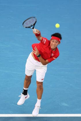 February 3, 2021: Kei Nishikori of Japan in action during the Group D ATP, Tennis Herren Cup match against Daniil Medvedev of Russia at the John Cain Arena in Melbourne, Australia. Medvedev won 62 64. Cal Media. Melbourne Australia - ZUMAc04_ 20210203_zaf_c04_019 Copyright: xSydneyxLowx