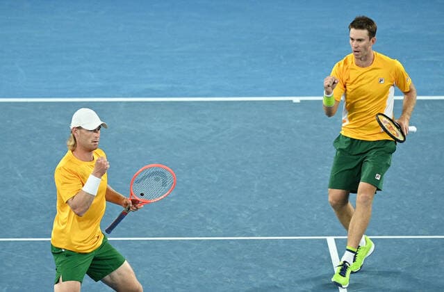 TENNIS ATP, Tennis Herren CUP, John Peers and Luke Saville of Australia in action during the ATP Cup doubles match against Stefanos Tsitsipas and Michail Pervolarakas of Greece at Melbourne Park in Melbourne, Wednesday, February 3, 2021. ( NO ARCHIVING, EDITORIAL USE ONLY, NO USE IN BOOKS WITHOUT CONSENT MELBOURNE VIC AUSTRALIA  Copyright: xDEANxLEWINSx 20210203001518009596