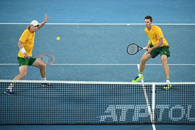 TENNIS ATP, Tennis Herren CUP, John Peers and Luke Saville of Australia in action during the ATP Cup doubles match against Stefanos Tsitsipas and Michail Pervolarakas of Greece at Melbourne Park in Melbourne, Wednesday, February 3, 2021. ( NO ARCHIVING, EDITORIAL USE ONLY, NO USE IN BOOKS WITHOUT CONSENT MELBOURNE VIC AUSTRALIA  Copyright: xDEANxLEWINSx 20210203001518010295