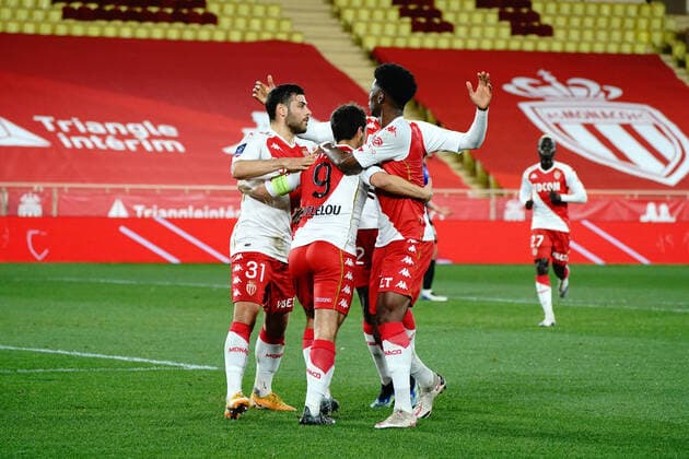 Fußball, AS Monaco - OGC Nizza Joie- Wissam Ben Yedder (AS Monaco) - Kevin Volland (AS Monaco) - Aurelien Tchouameni (AS Monaco) FOOTBALL : AS Monaco vs OGC Nice - Ligue 1 Uber Eats - Monaco - 03 02 2021 NorbertScanella PanoramiC 